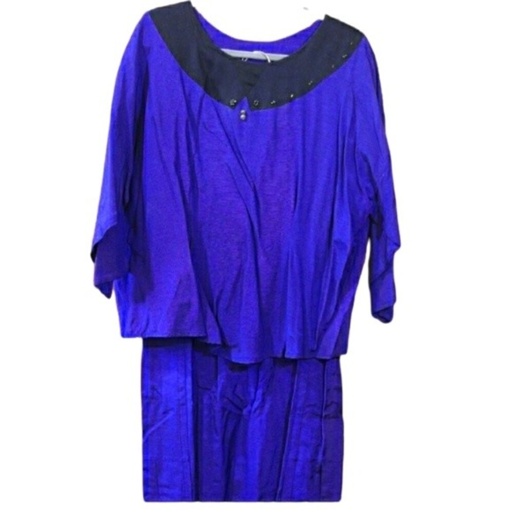 Vintage Suzen Blue Midi Skirt Suit Set Beaded LG